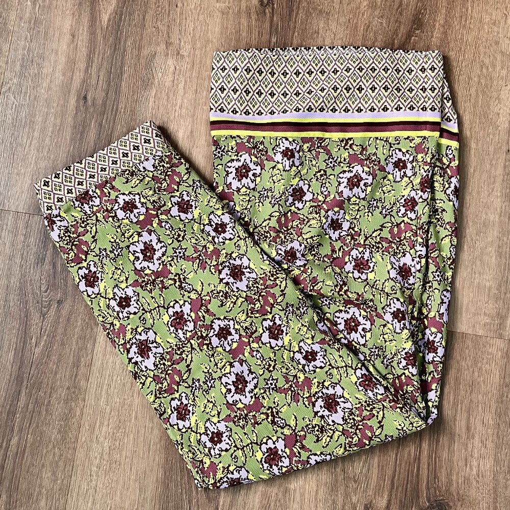 Cupcakes & Cashmere Green Purple Print Palazzo Wild Leg Pants Sz M